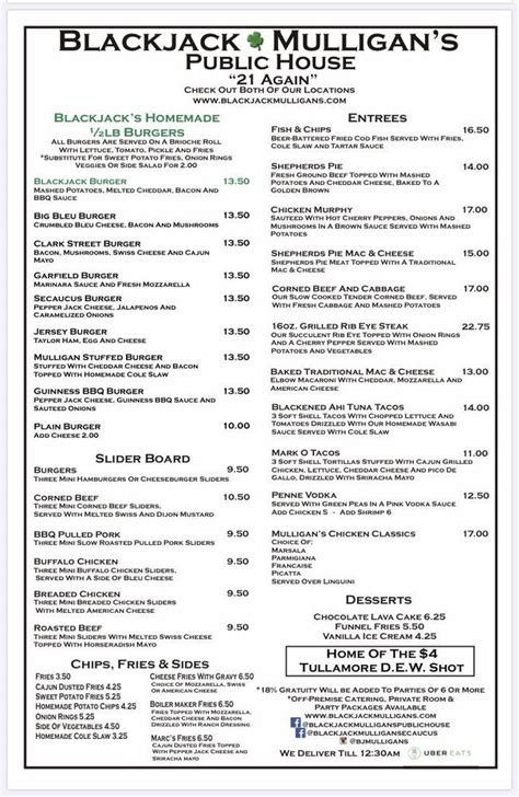 Blackjack Mulligans Menu