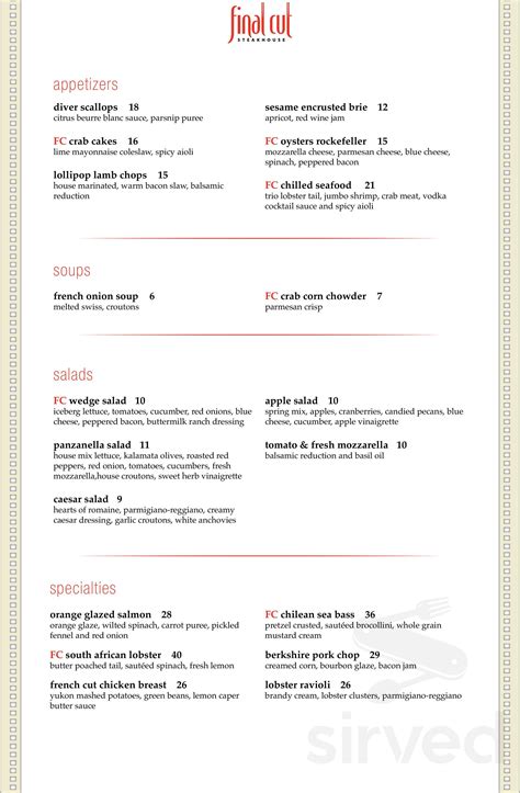 O Final Cut Hollywood Casino Menu